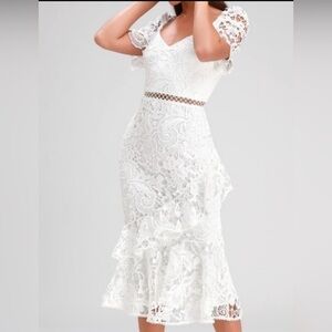 Lulu's White Sheath Dress Puff Sleeve Scoop Neck